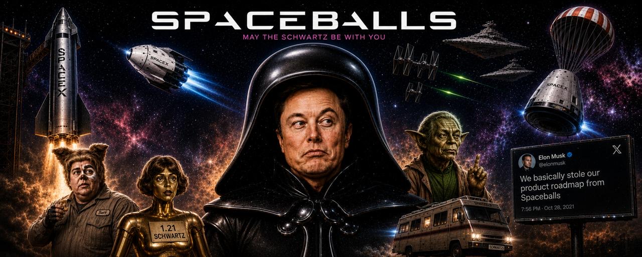 Spaceballs-inspired parody scene with rockets, spacecraft, and a black-helmeted commander